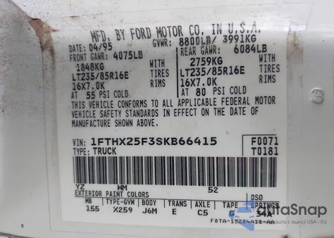 1995 Ford F250 из США, поврежденный, VIN 1FTHX25F3SKB66415